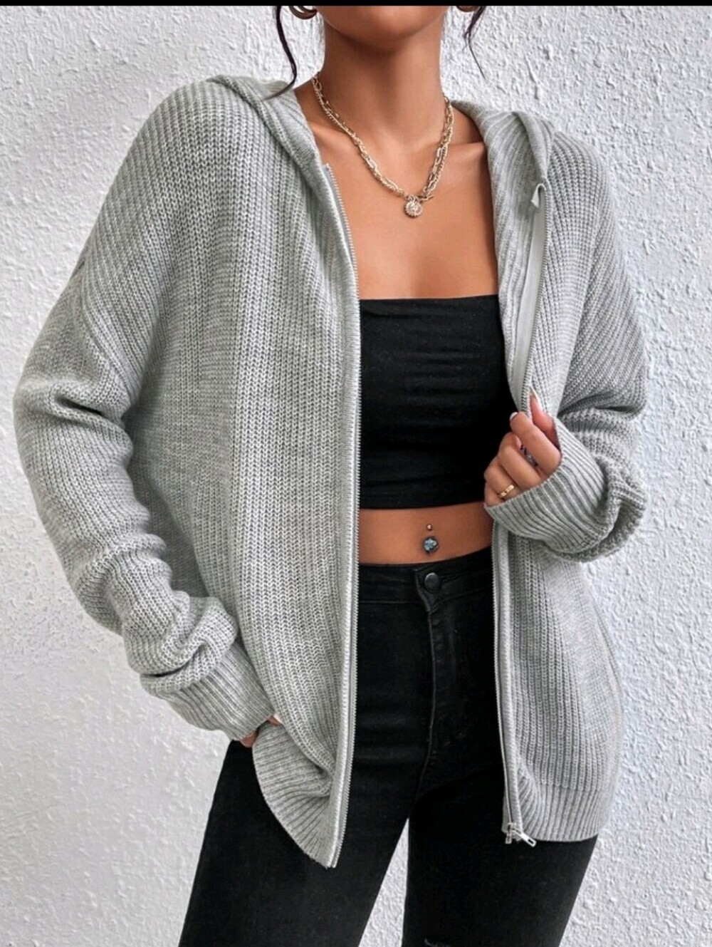 Shein Women's gray Frenchy knit Zip Up Hooded Solid Cardigan size small